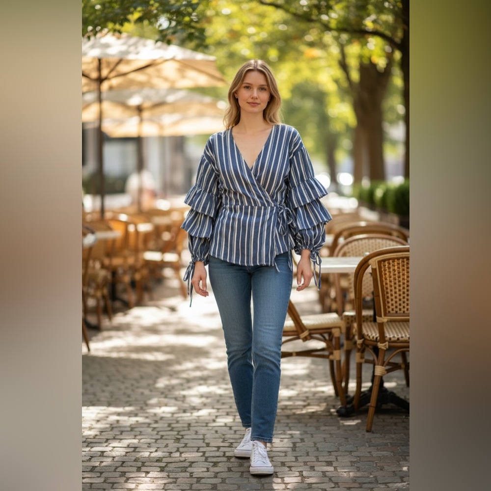 Blue Ruffled Wrap Blouse with 3/4 Sleeves